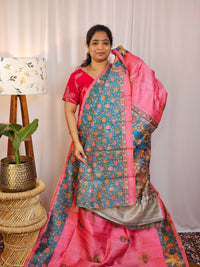 Premium Soft Semi Tussar with Digital Prints - Pink with Sea Green