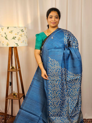 Casual Semi Tussar Checks Saree - Blue