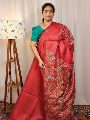 Casual Semi Tussar Checks Saree - Red