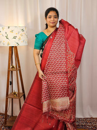 Casual Semi Tussar Checks Saree - Red