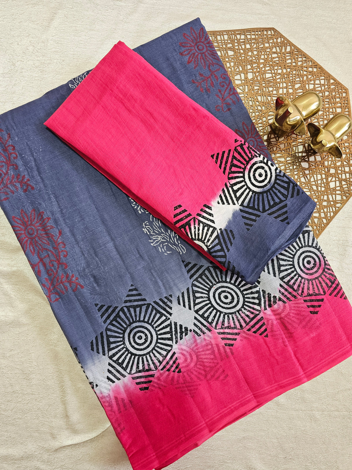 Pure Cotton with Hand Block Prints - Grey with Pink