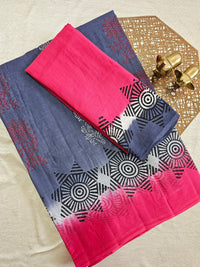 Pure Cotton with Hand Block Prints - Grey with Pink