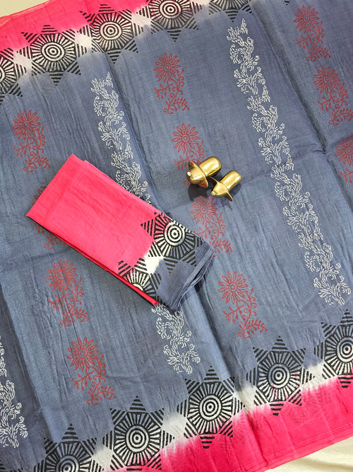 Pure Cotton with Hand Block Prints - Grey with Pink