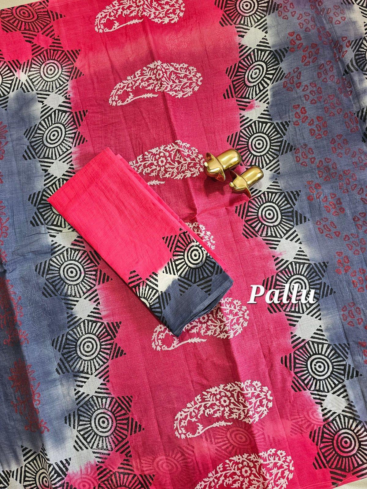 Pure Cotton with Hand Block Prints - Grey with Pink