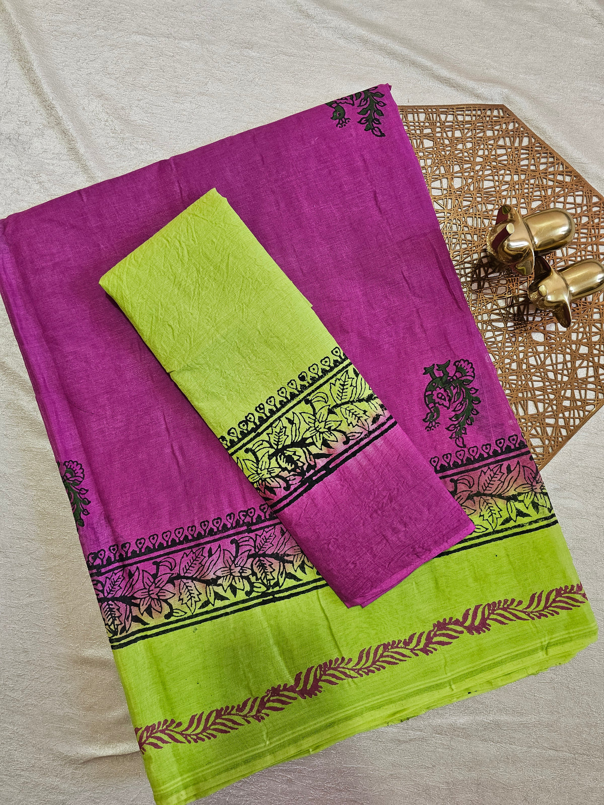 Pure Cotton with Hand Block Prints - Pink with Parrot Green
