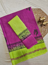 Pure Cotton with Hand Block Prints - Pink with Parrot Green