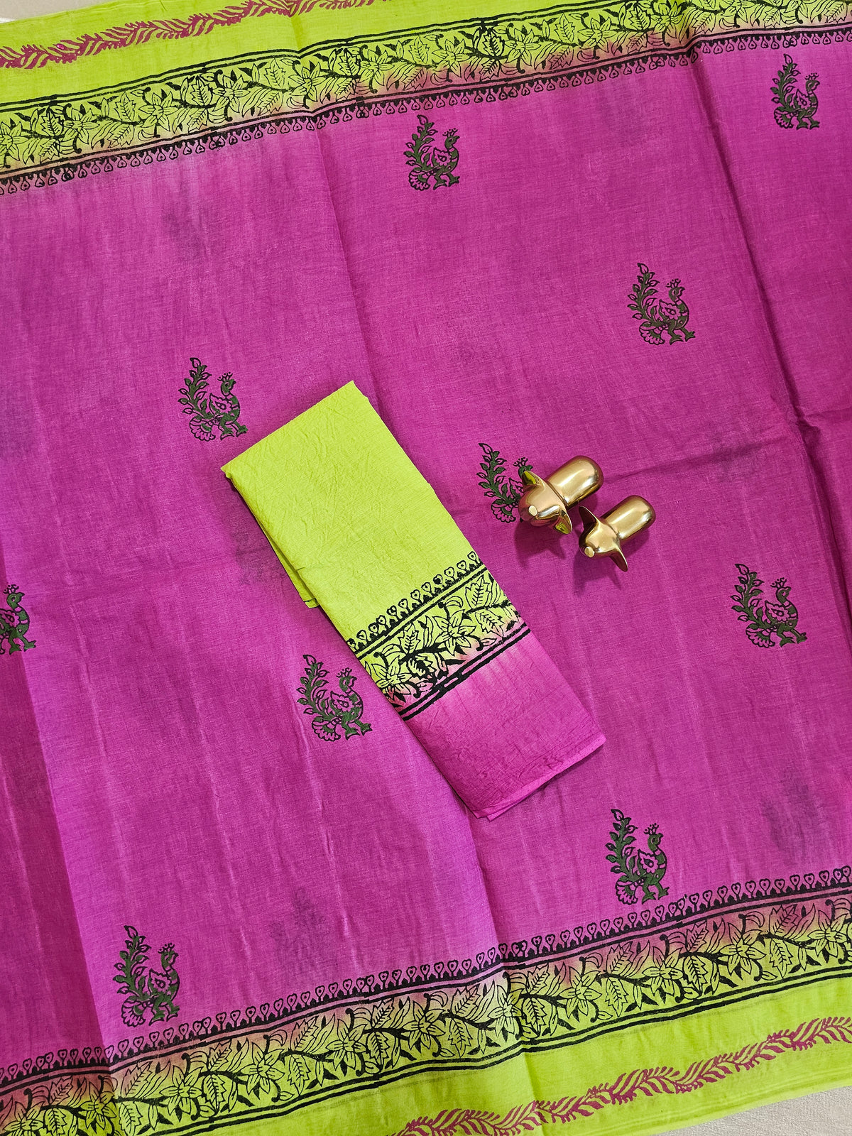 Pure Cotton with Hand Block Prints - Pink with Parrot Green