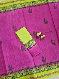 Pure Cotton with Hand Block Prints - Pink with Parrot Green