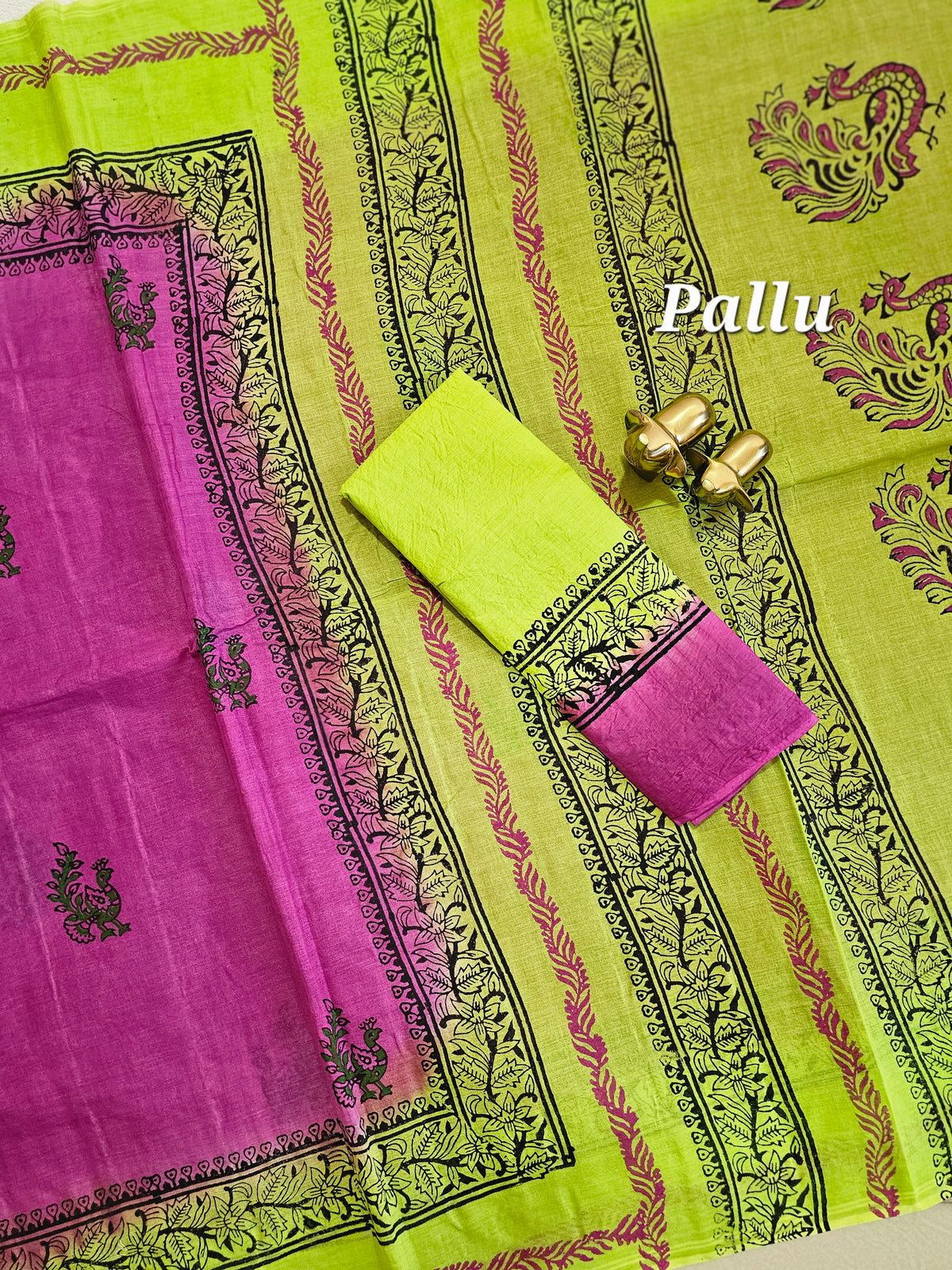 Pure Cotton with Hand Block Prints - Pink with Parrot Green