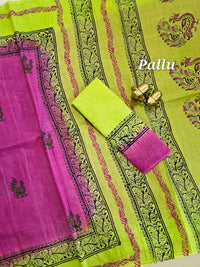 Pure Cotton with Hand Block Prints - Pink with Parrot Green