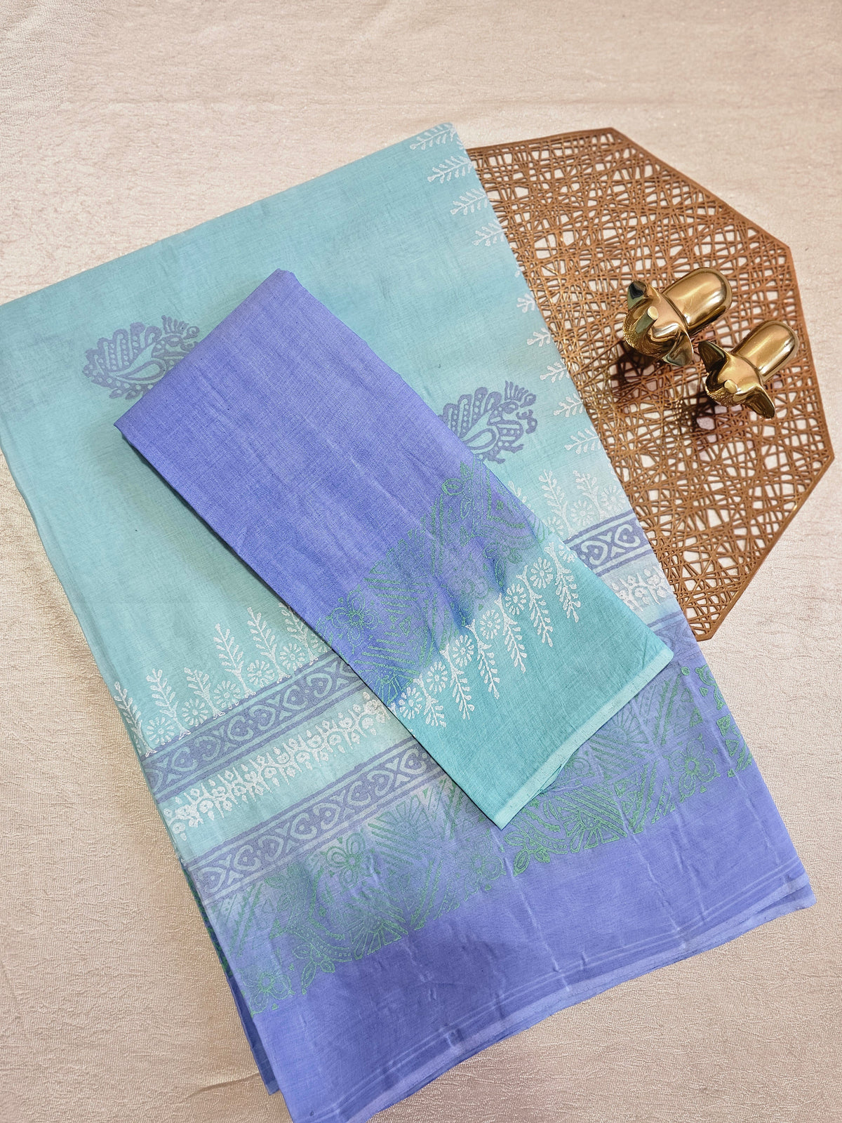 Pure Cotton with Hand Block Prints - Pastel Sea Green with Blue