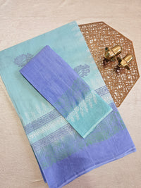 Pure Cotton with Hand Block Prints - Pastel Sea Green with Blue