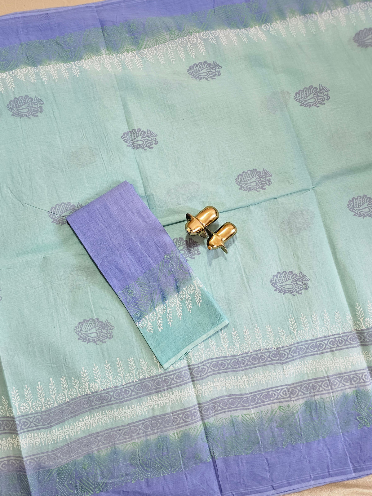 Pure Cotton with Hand Block Prints - Pastel Sea Green with Blue