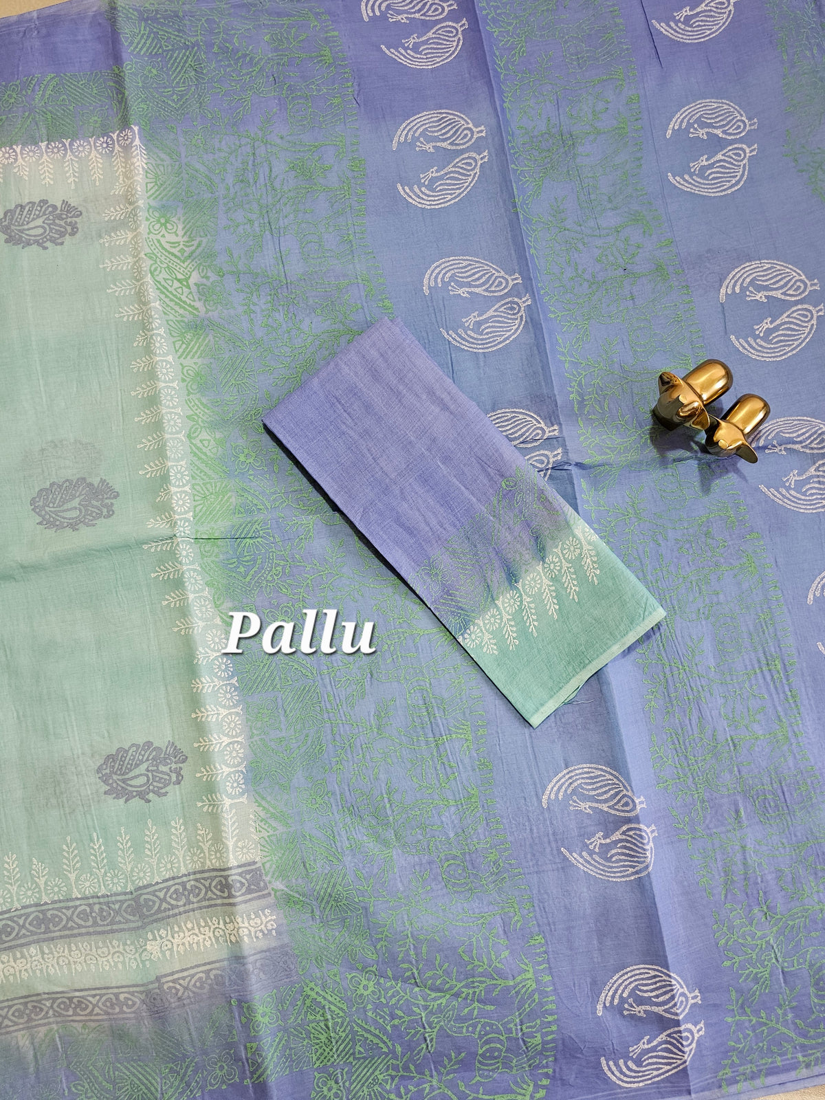 Pure Cotton with Hand Block Prints - Pastel Sea Green with Blue