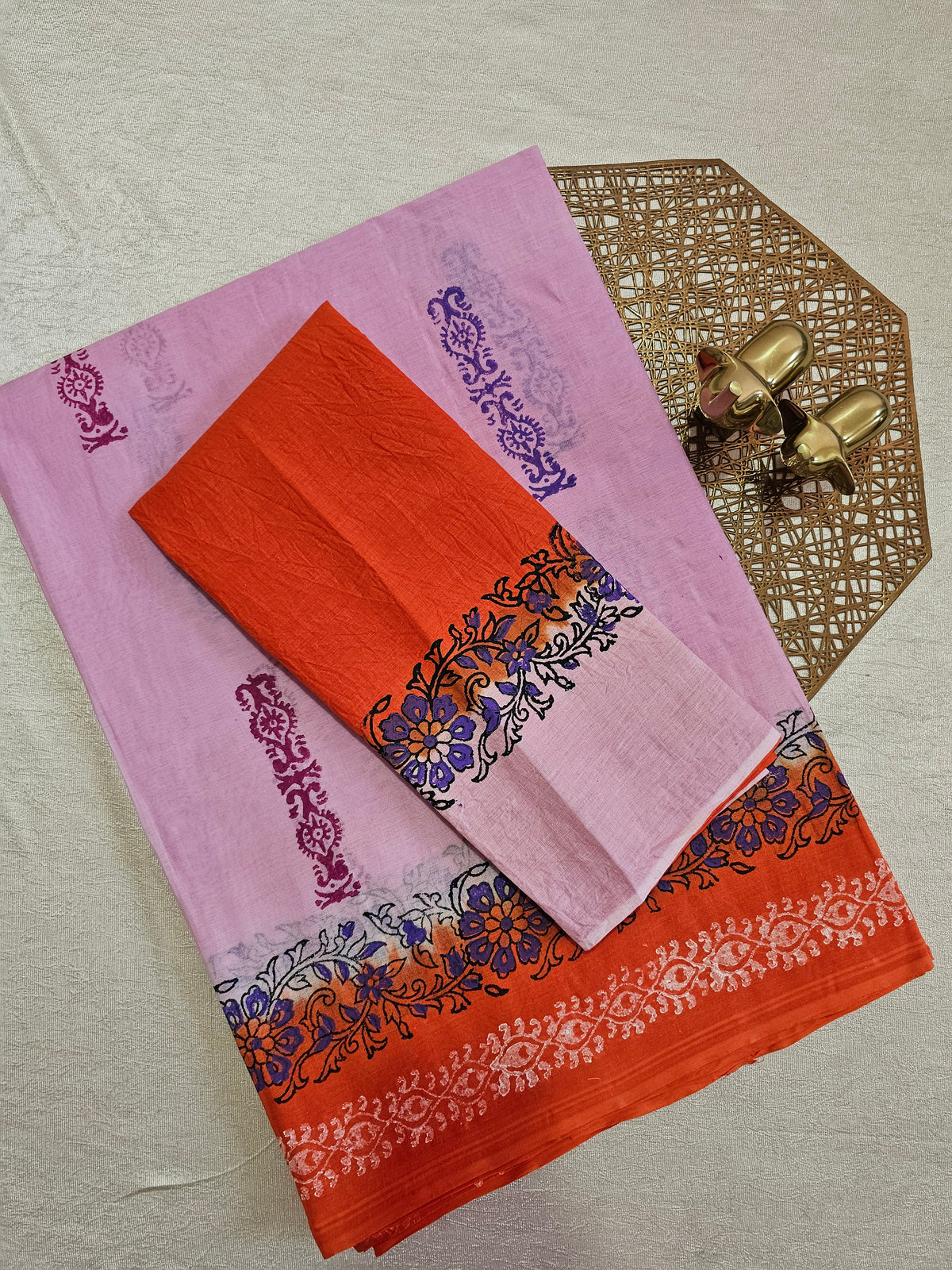 Pure Cotton with Hand Block Prints - Pink with Orange