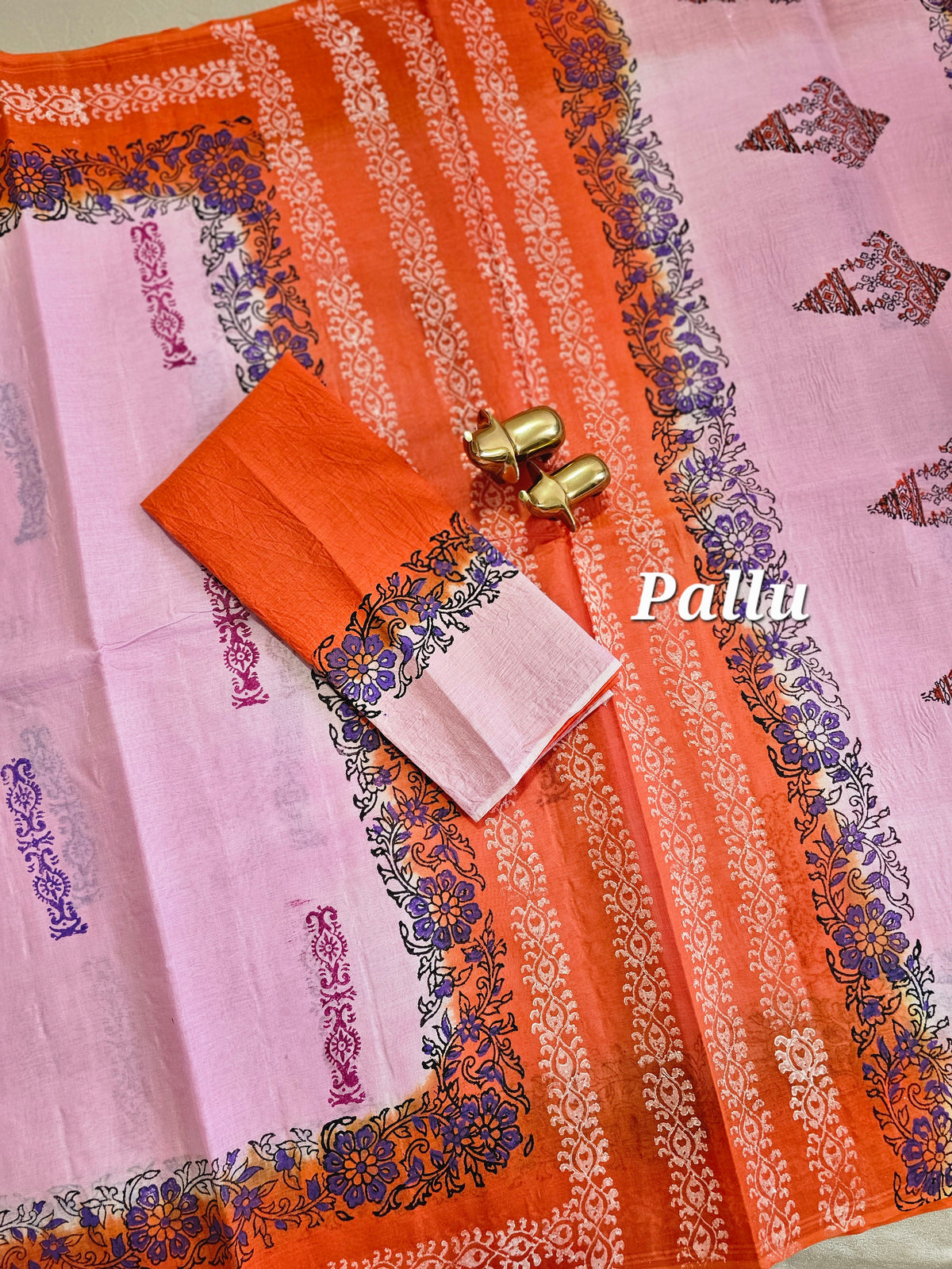 Pure Cotton with Hand Block Prints - Pink with Orange