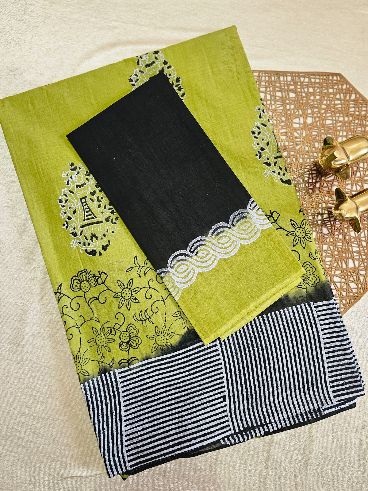Pure Cotton with Hand Block Prints - Green with Black