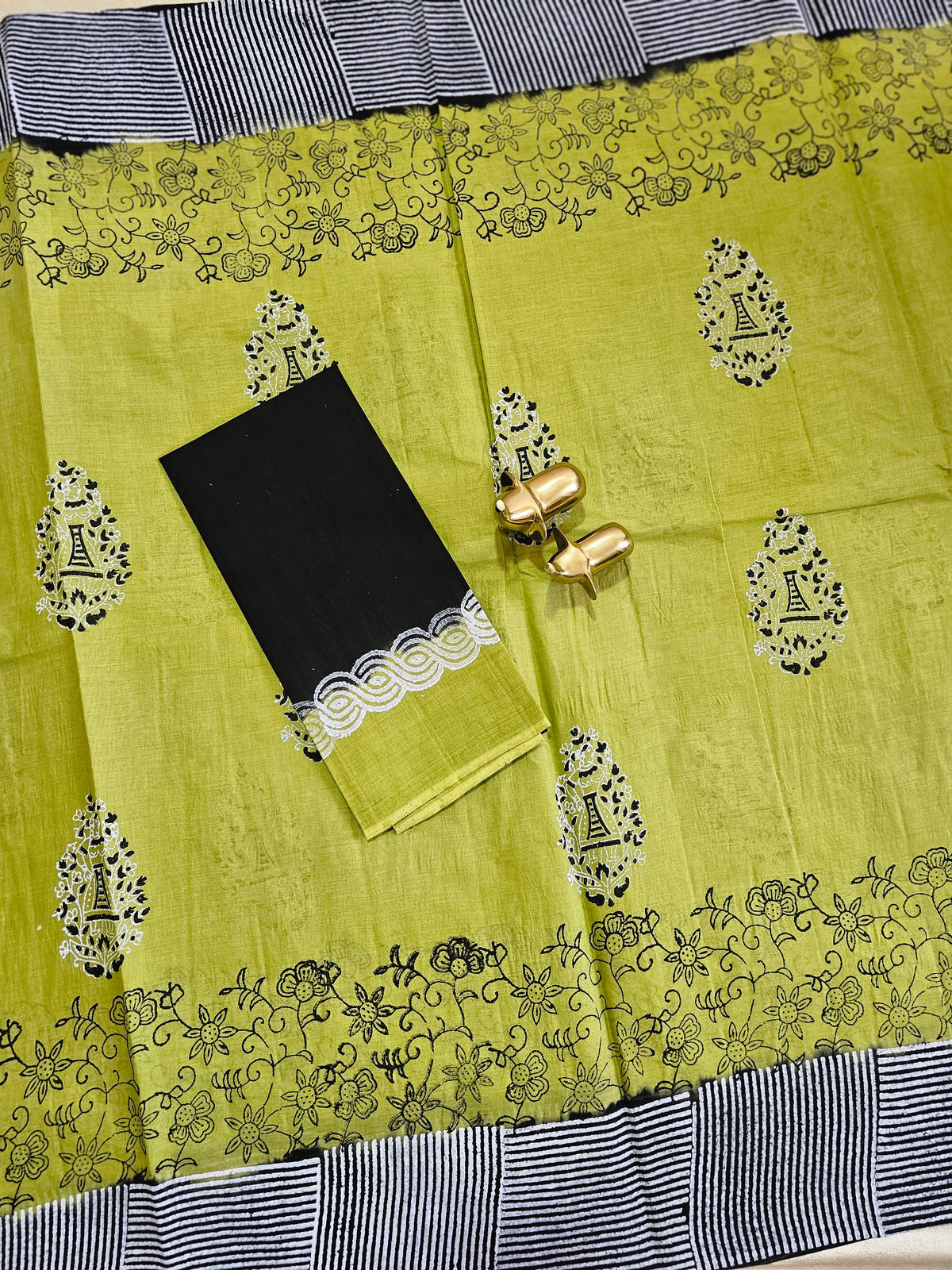 Pure Cotton with Hand Block Prints - Green with Black
