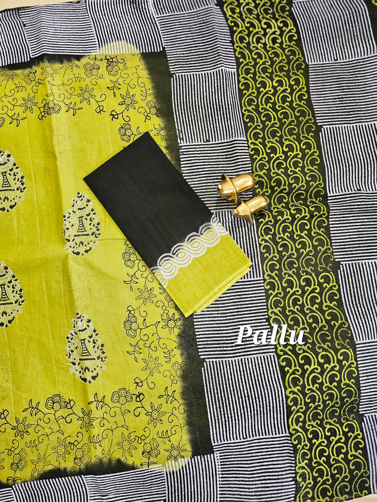 Pure Cotton with Hand Block Prints - Green with Black