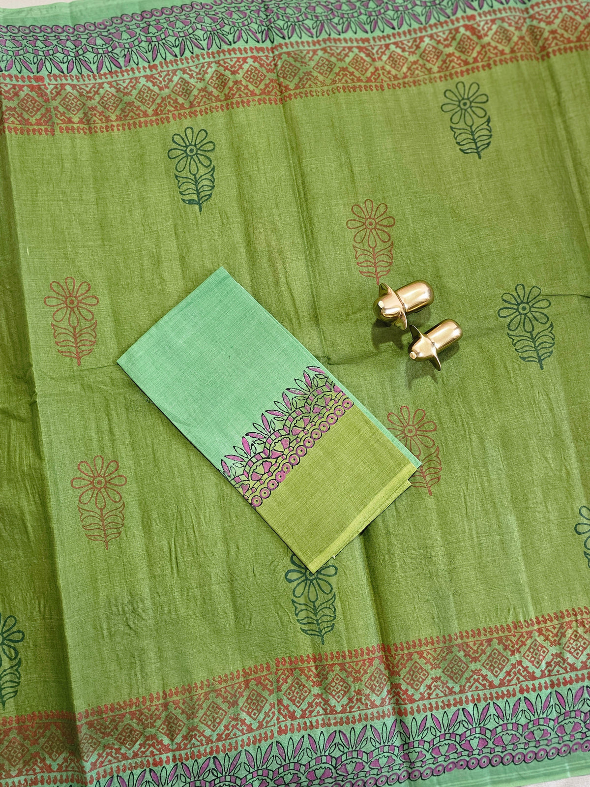 Pure Cotton with Hand Block Prints - Green