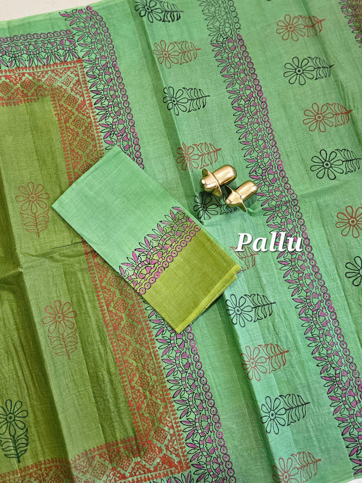 Pure Cotton with Hand Block Prints - Green