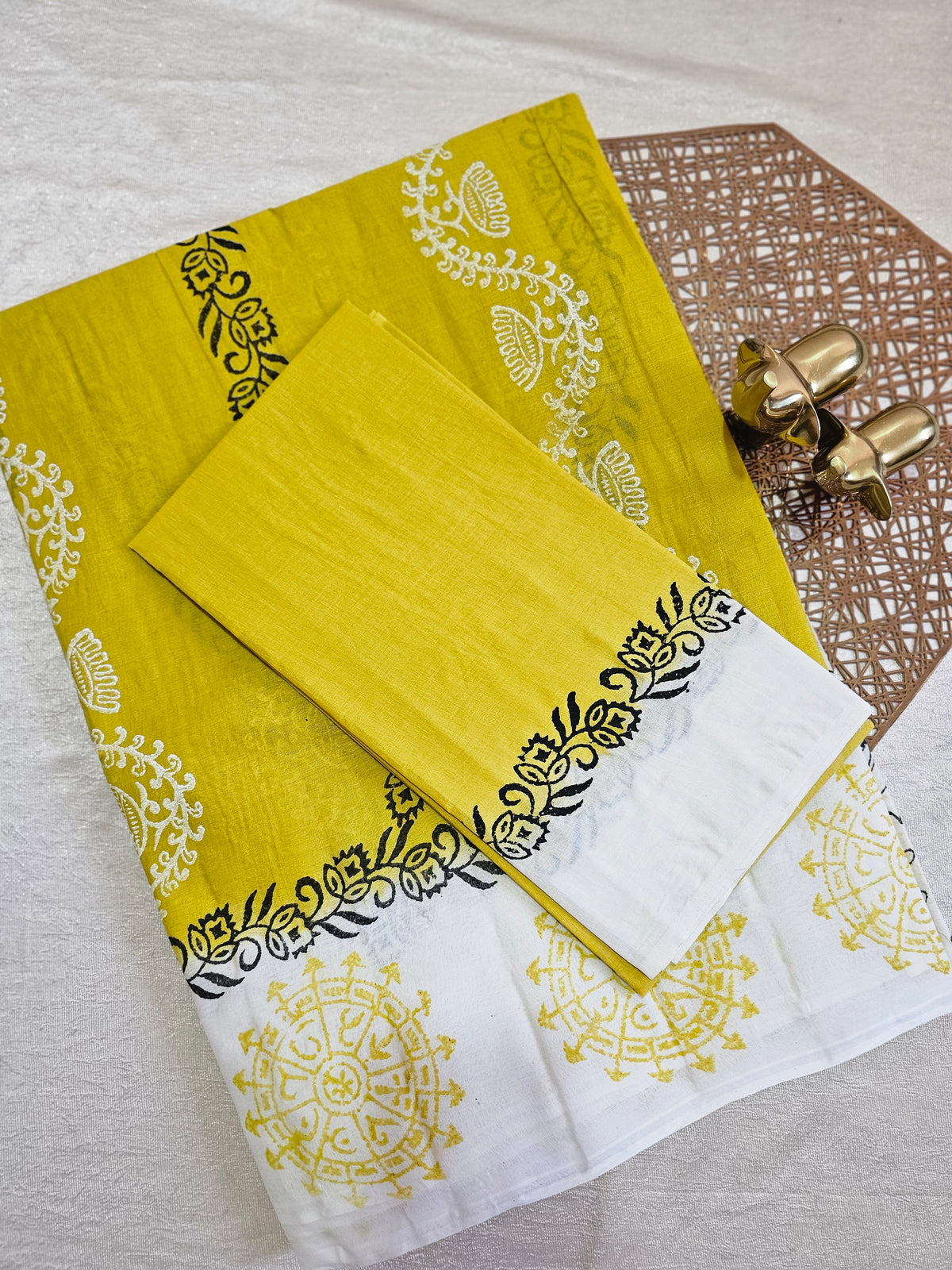 Pure Cotton with Hand Block Prints - Mustard Yellow with White