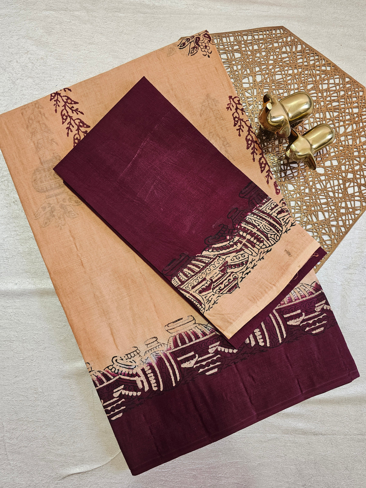 Pure Cotton with Hand Block Prints - Soft Peach Beige with Maroon