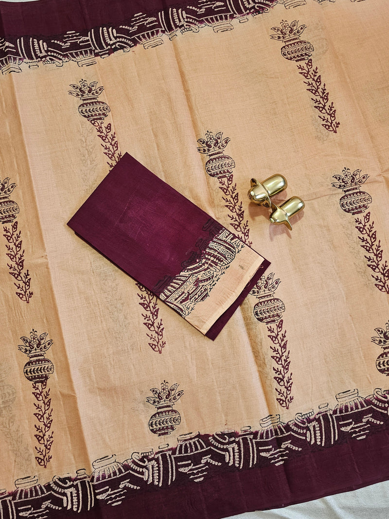 Pure Cotton with Hand Block Prints - Soft Peach Beige with Maroon