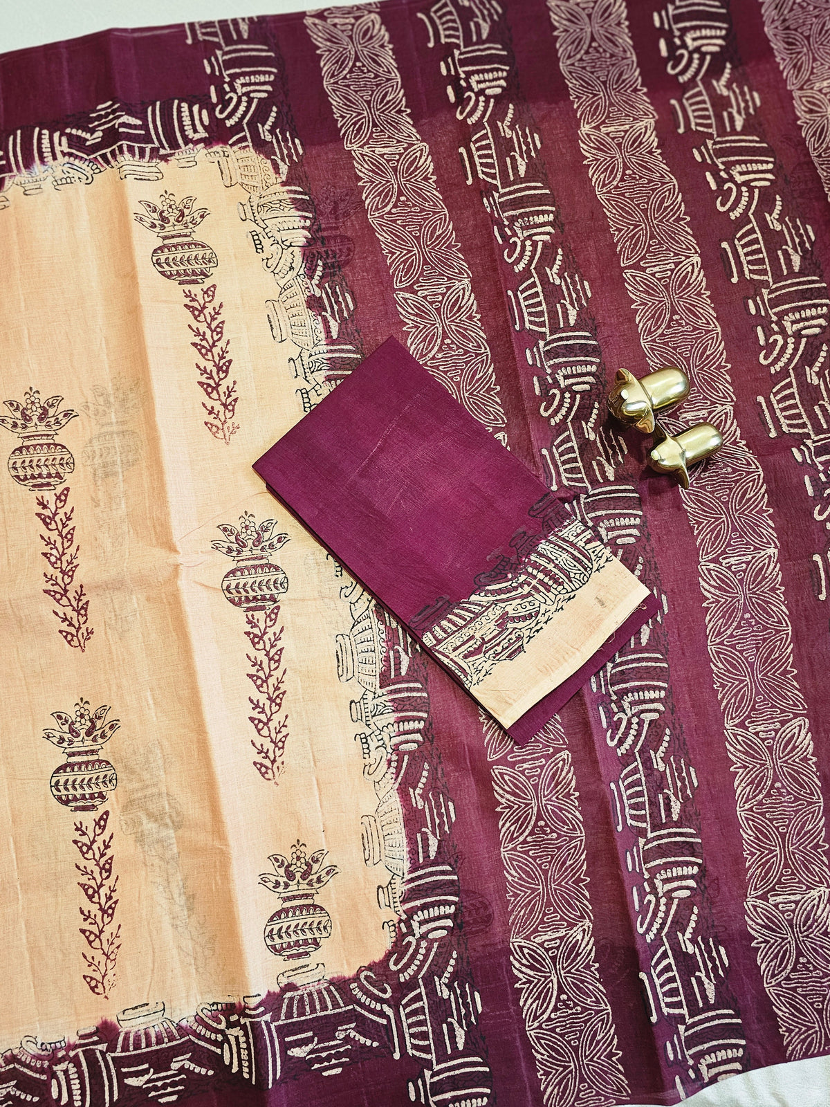 Pure Cotton with Hand Block Prints - Soft Peach Beige with Maroon