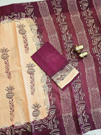 Pure Cotton with Hand Block Prints - Soft Peach Beige with Maroon