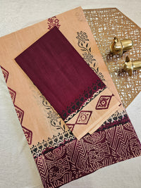 Pure Cotton with Hand Block Prints - Soft Peach Beige with Maroon
