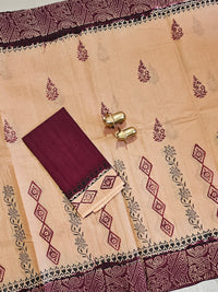 Pure Cotton with Hand Block Prints - Soft Peach Beige with Maroon
