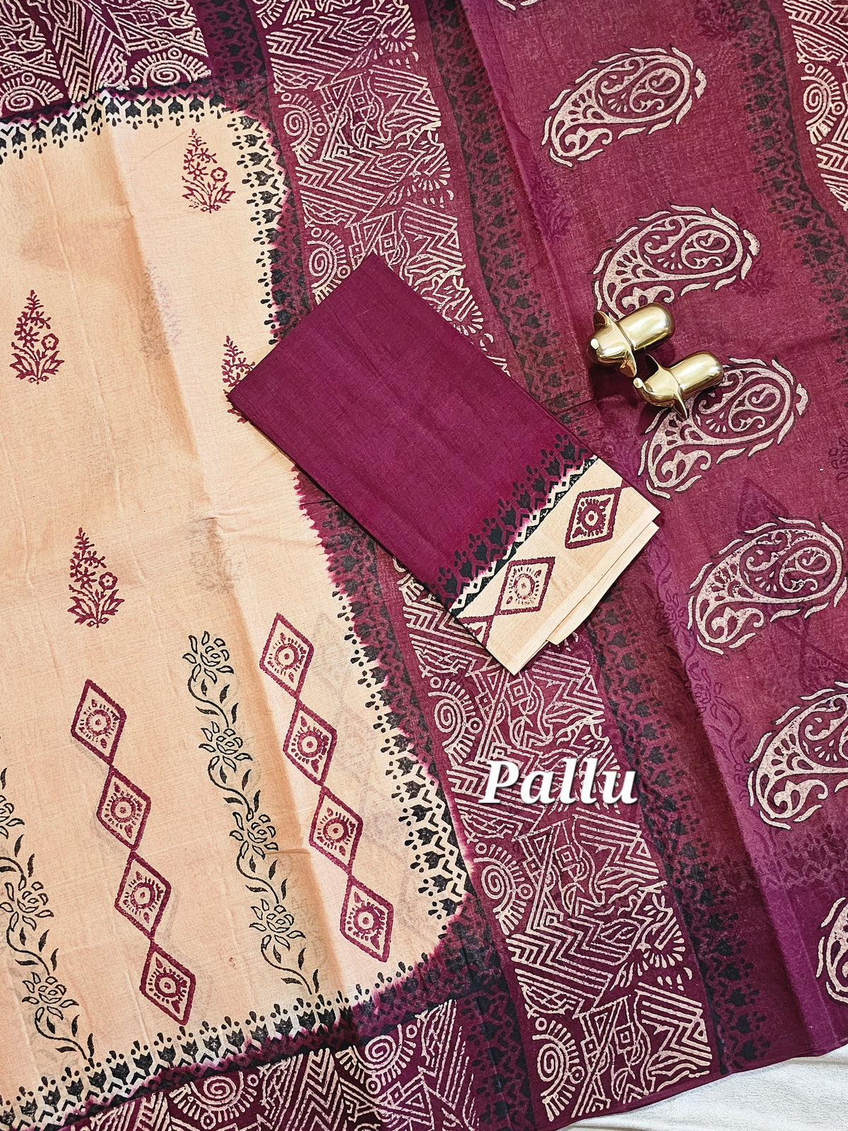 Pure Cotton with Hand Block Prints - Soft Peach Beige with Maroon