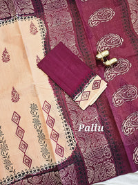 Pure Cotton with Hand Block Prints - Soft Peach Beige with Maroon