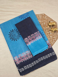 Pure Cotton with Hand Block Prints - Blue with Dark Blue