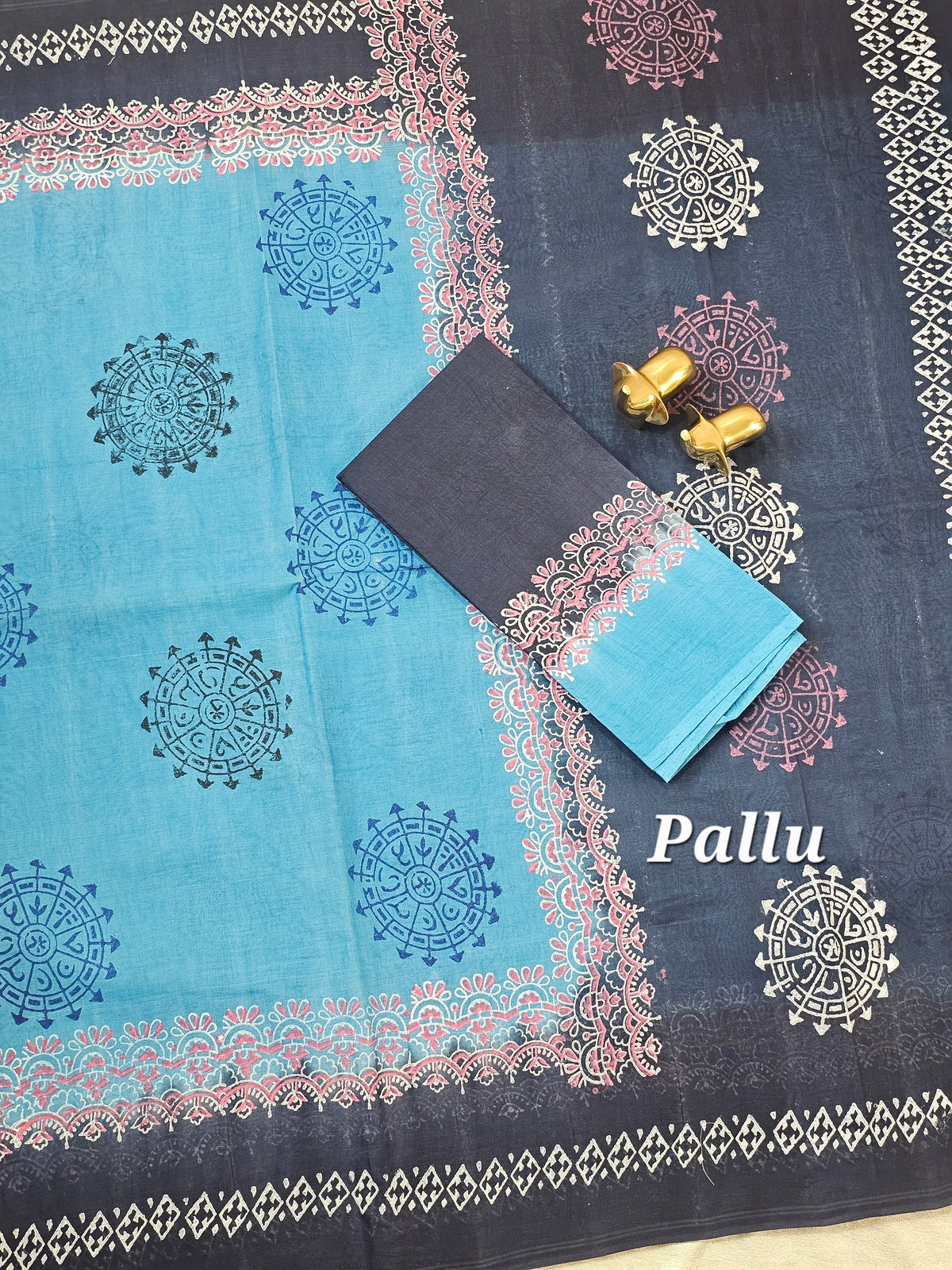 Pure Cotton with Hand Block Prints - Blue with Dark Blue