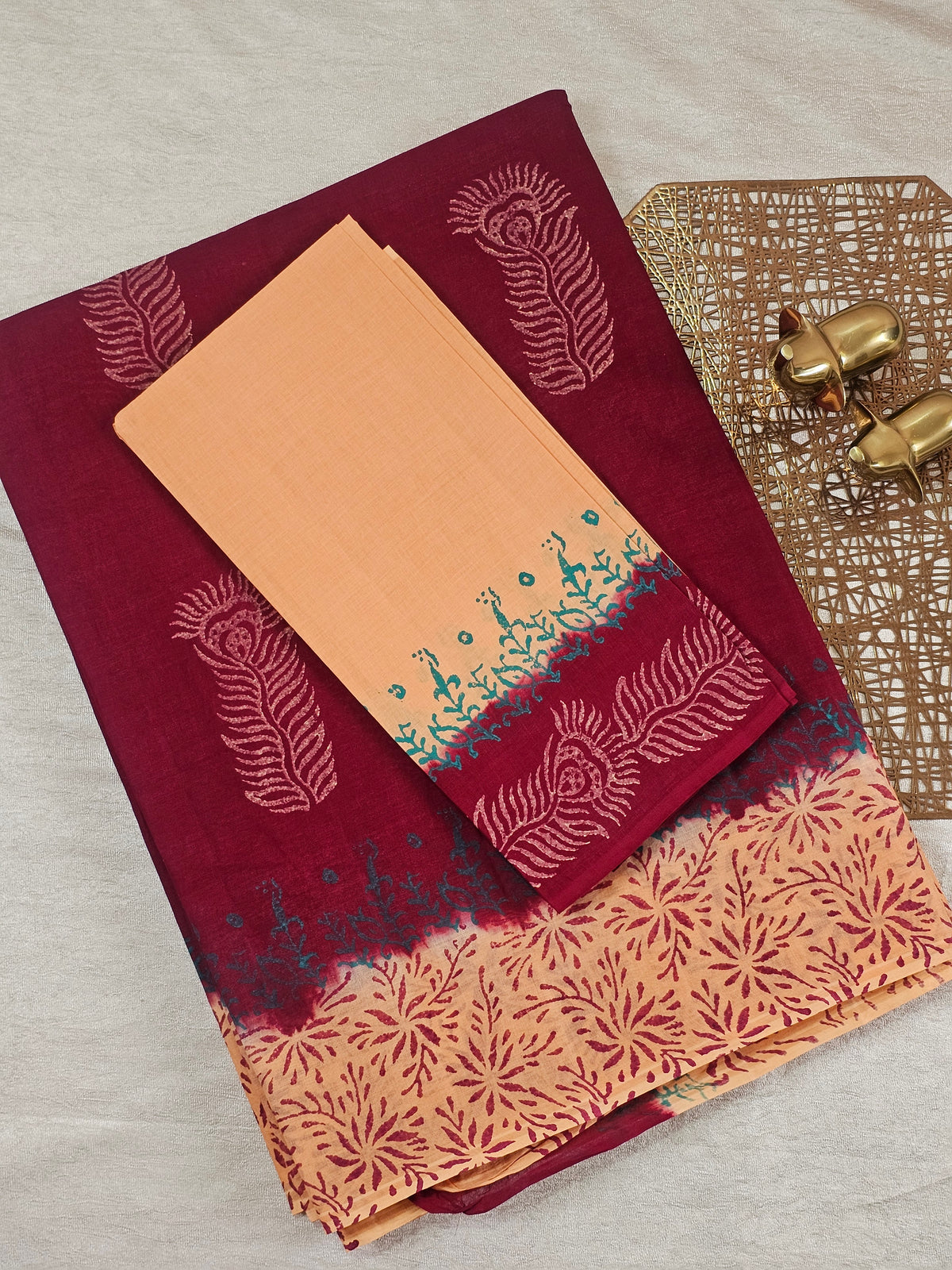Pure Cotton with Hand Block Prints - Dark Red with Beige