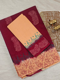 Pure Cotton with Hand Block Prints - Dark Red with Beige