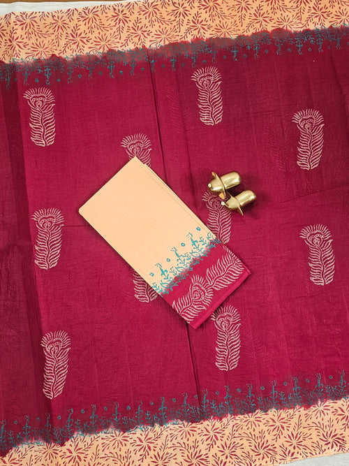 Pure Cotton with Hand Block Prints - Dark Red with Beige