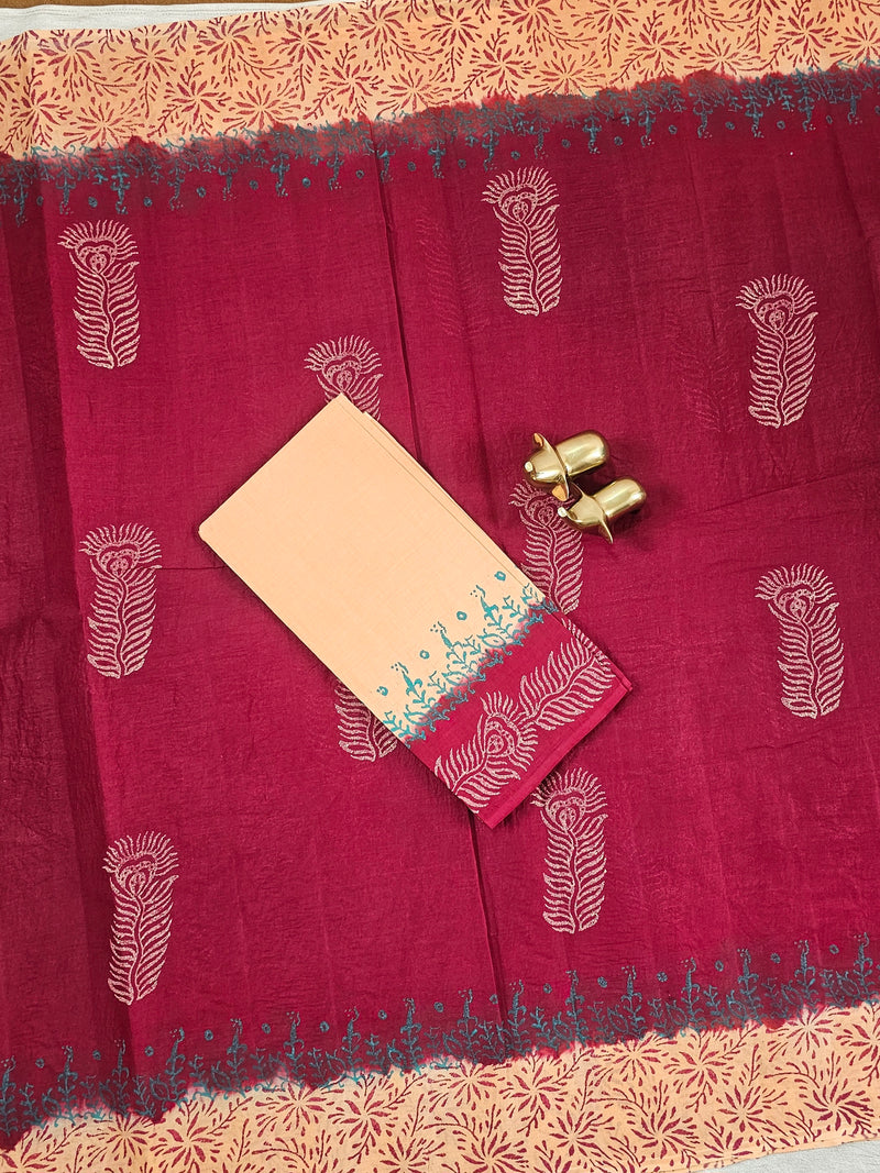 Pure Cotton with Hand Block Prints - Dark Red with Beige