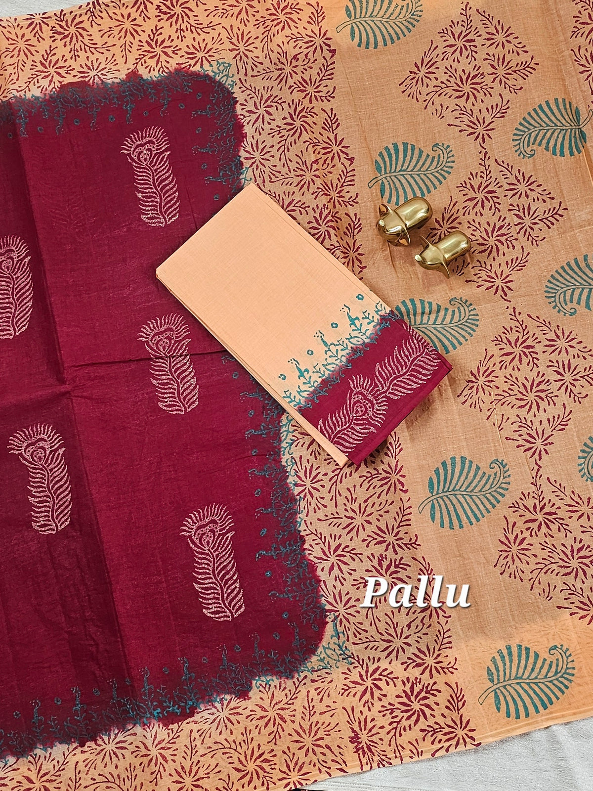 Pure Cotton with Hand Block Prints - Dark Red with Beige