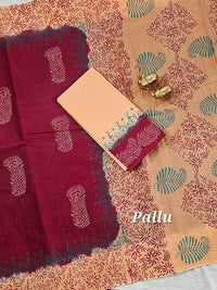Pure Cotton with Hand Block Prints - Dark Red with Beige