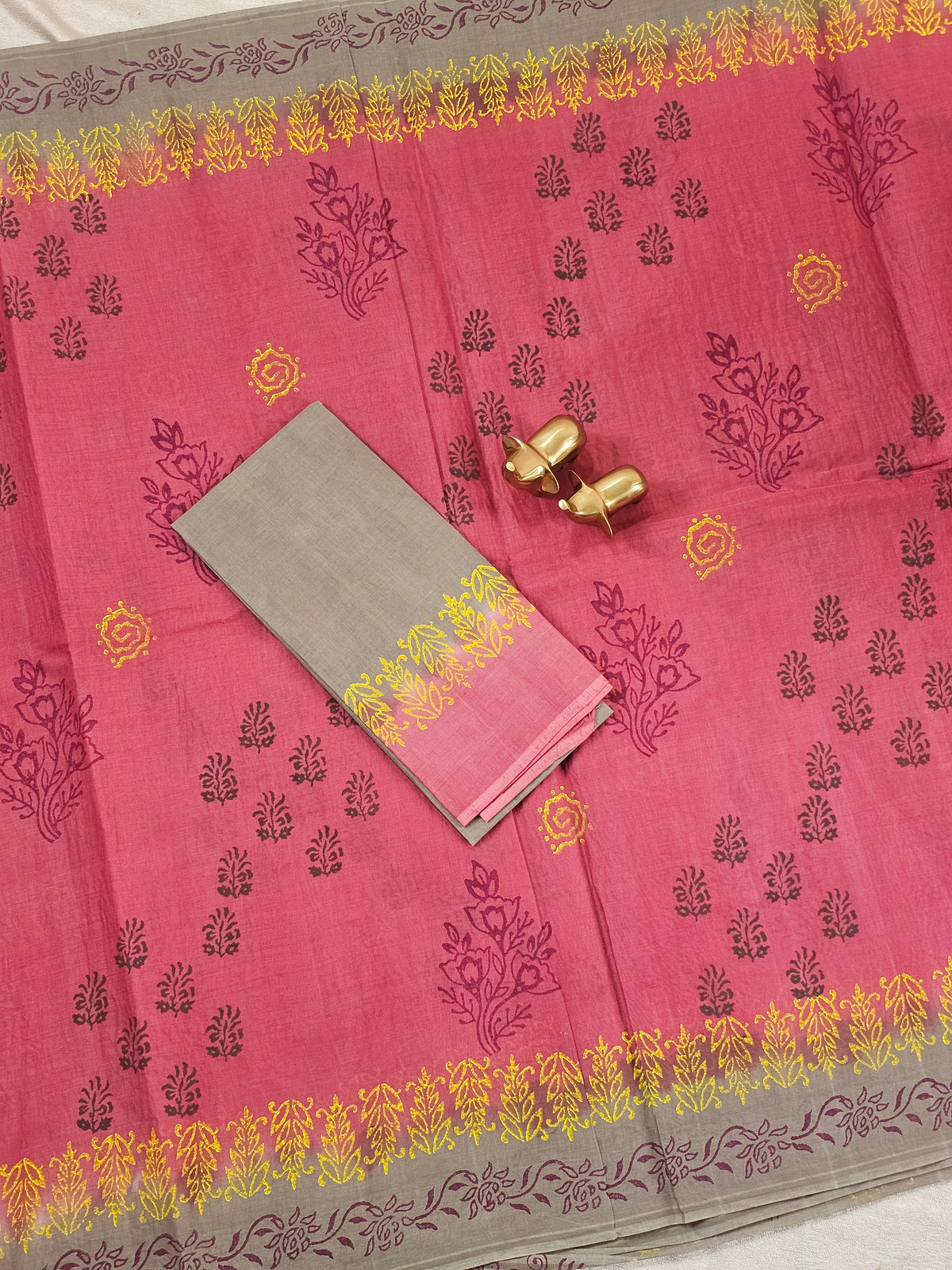 Pure Cotton with Hand Block Prints - Pink with Grey