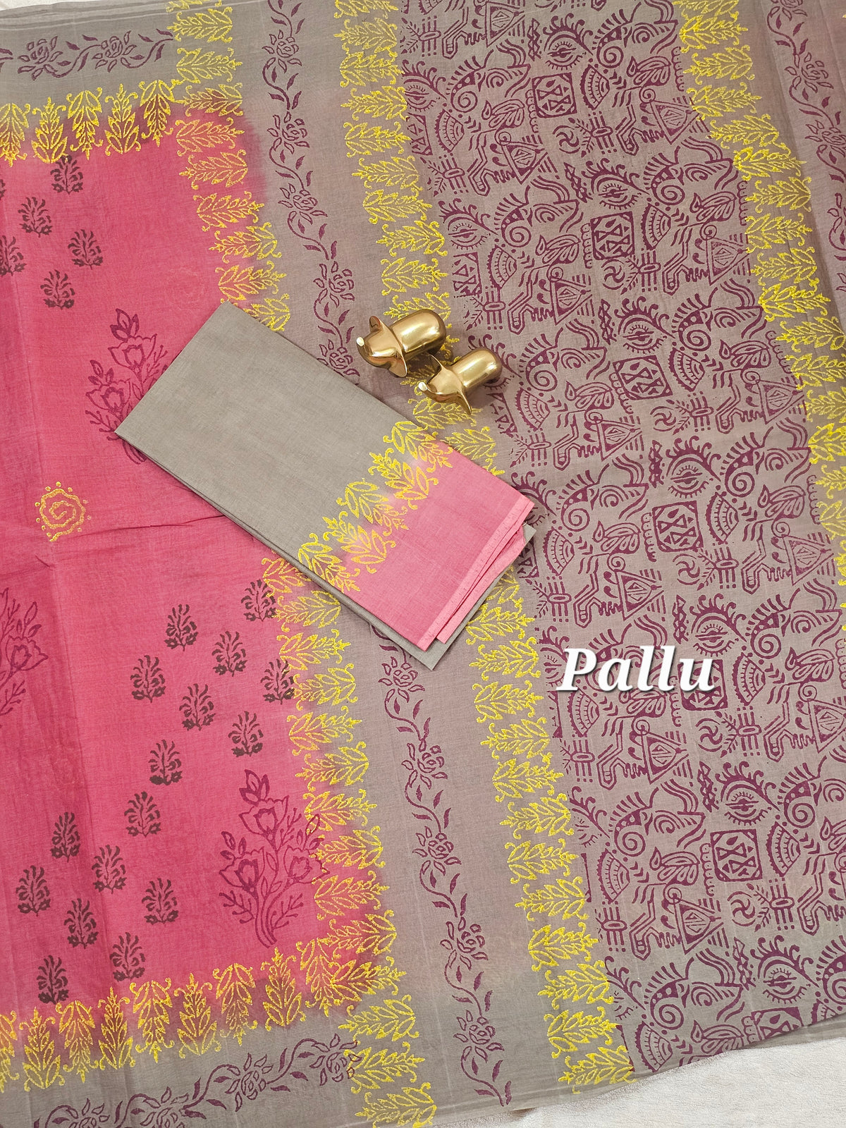 Pure Cotton with Hand Block Prints - Pink with Grey