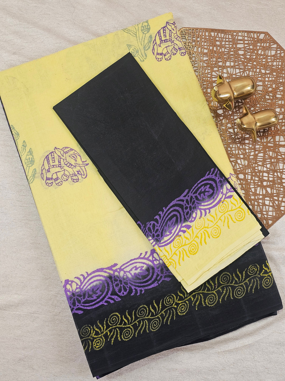 Pure Cotton with Hand Block Prints - Yellow with Black