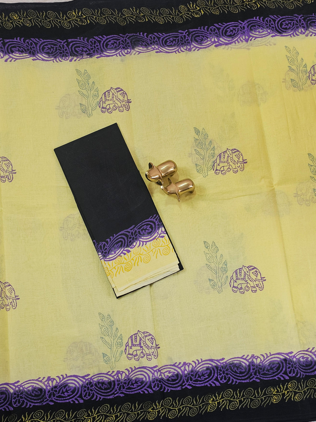 Pure Cotton with Hand Block Prints - Yellow with Black