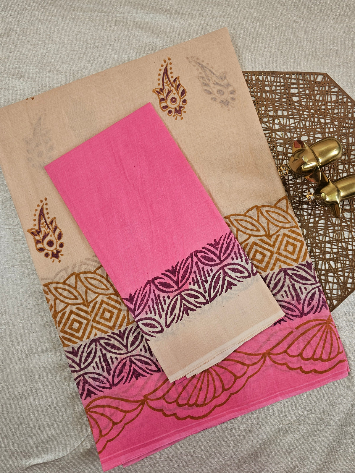 Pure Cotton with Hand Block Prints - Beige with Pink