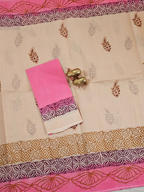 Pure Cotton with Hand Block Prints - Beige with Pink