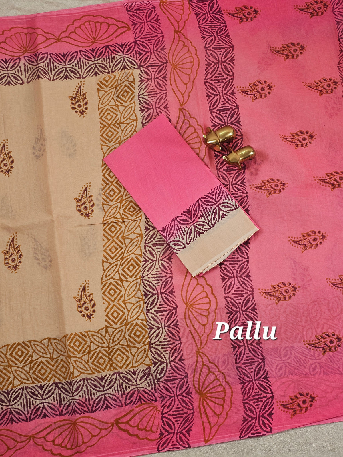 Pure Cotton with Hand Block Prints - Beige with Pink