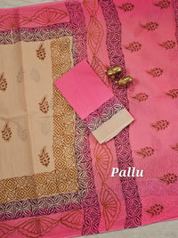 Pure Cotton with Hand Block Prints - Beige with Pink